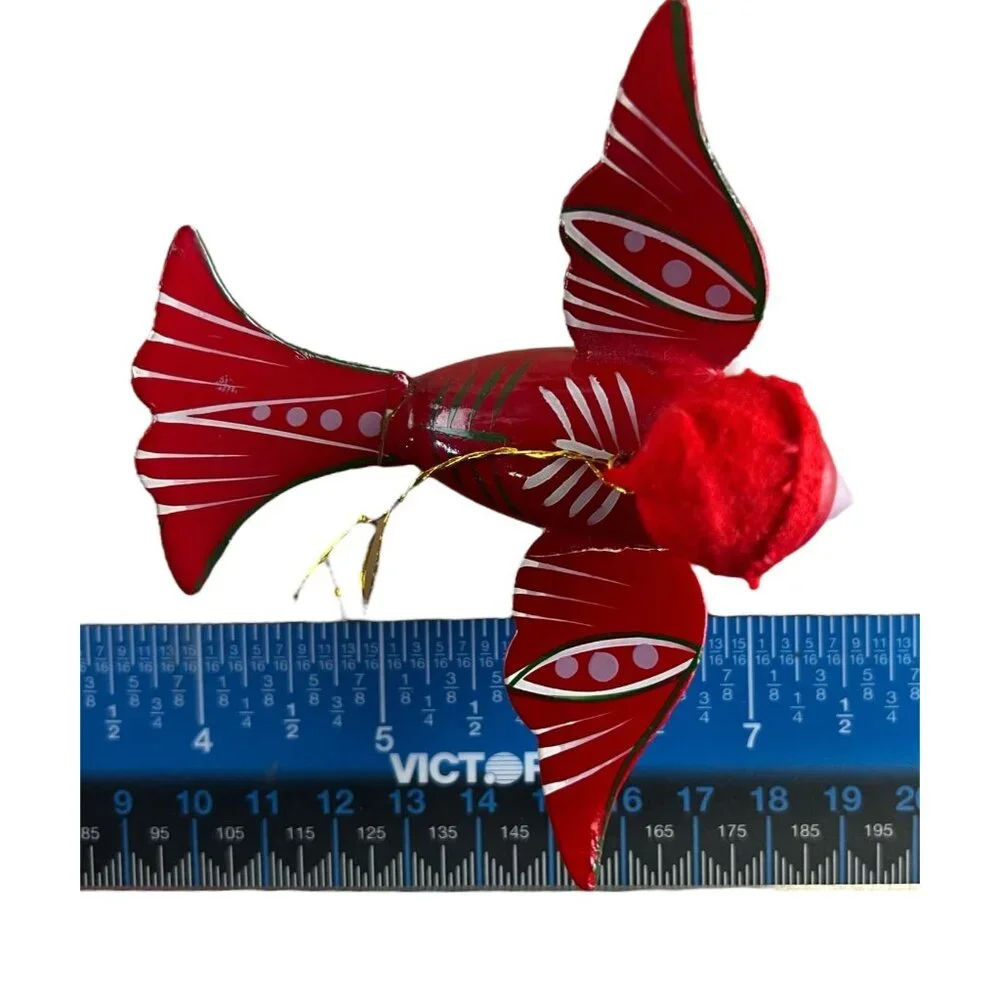Handmade Wooden Christmas Bird Ornament Cardinal Red & White Hand Painted Vtg
